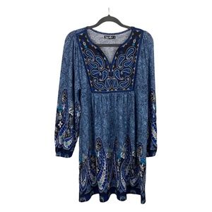 White Mark Boho Shift Dress Size XL Paisley Floral Bohemian Long Sleeve Blue